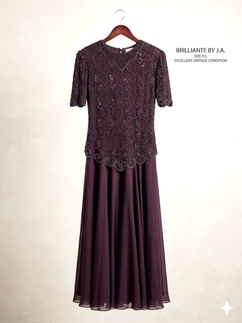 Vintage Eggplant Short Sleeve Beaded Formal Dress. Brilliante by JA